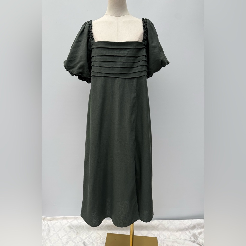 Mi Ami For Francesca’s Elegant Olive Green Puff Sleeve Midi Dress – Square Neck - Picture 9 of 15